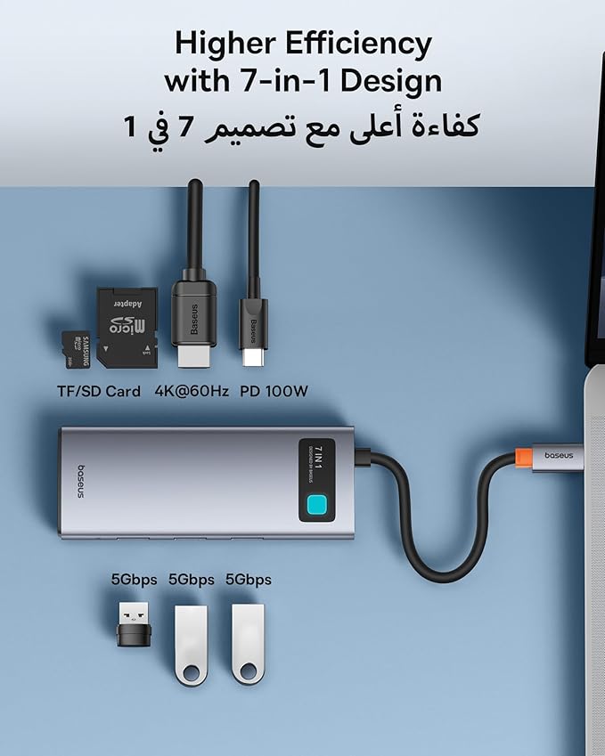 Baseus Metal Gleam Series 7-Port HUB Space Grey NEW(Type-C to HDMI4K@60Hz*1+USB3.0*3+PD*1+SD/TF*1)