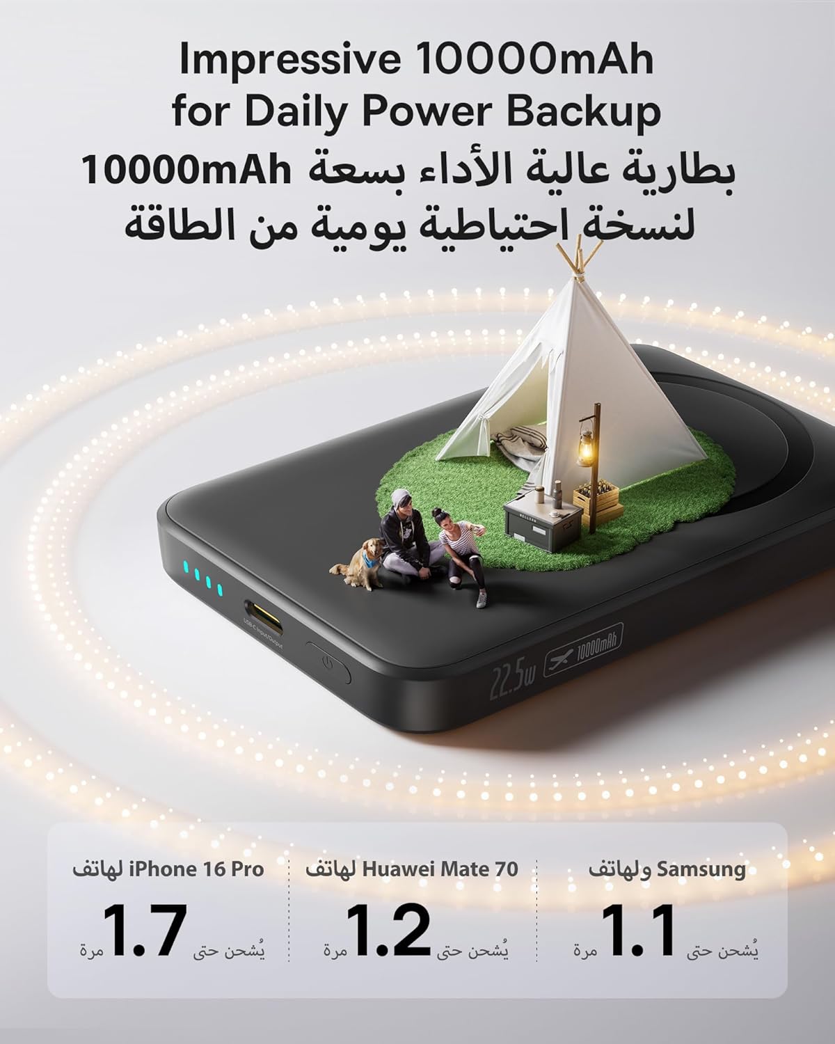 شاحن متنقل Baseus EnerFill FM11 Ultra-Mini مغناطيسي بسعة 10000 ملّي أمبير وقدرة 22.5 واط – لون أسود كوزميك (Cosmic Black) (يشمل كابل Type-C إلى Type-C بطول 30 سم – 20V/3A)