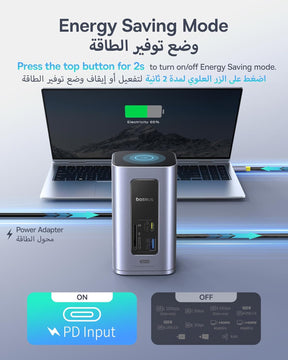 قاعدة التوصيل Baseus NU1 Air Spacemate 12-in-1 – لون رمادي فضائي (Space Grey) (USB-C إلى 2× HDMI 4K@60Hz + 2× USB-C (10Gbps) + 2× USB-A (5Gbps) + 2× USB-A (480Mbps) + 1× RJ45 + SD/TF 3.0 + 1× USB-C PD)