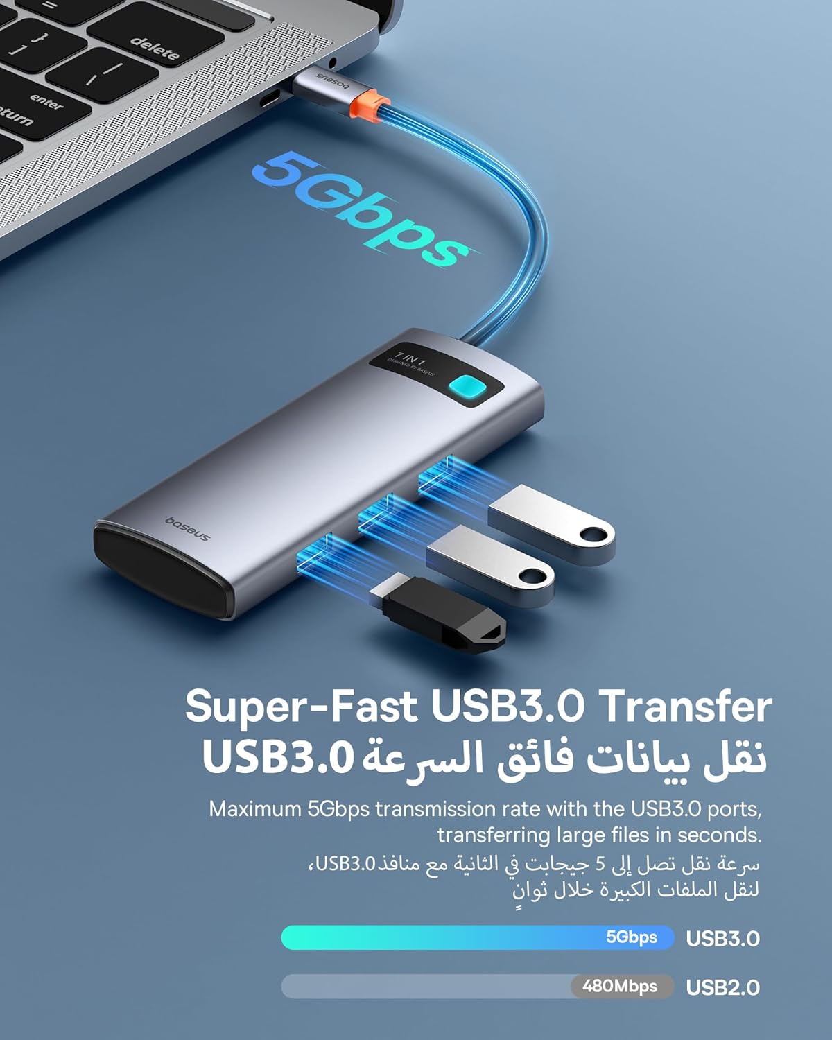 قاعدة توصيل Baseus Metal Gleam Series 7-Port HUB – لون رمادي فضائي (Space Grey) – إصدار جديد (Type-C إلى HDMI 4K@60Hz ×1 + USB3.0 ×3 + PD ×1 + SD/TF ×1)