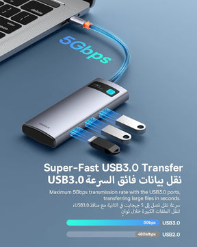 قاعدة توصيل Baseus Metal Gleam Series 7-Port HUB – لون رمادي فضائي (Space Grey) – إصدار جديد (Type-C إلى HDMI 4K@60Hz ×1 + USB3.0 ×3 + PD ×1 + SD/TF ×1)