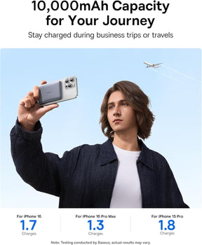 شاحن متنقل Baseus PicoGo AM41 Ultra-Slim مغناطيسي بتقنية Qi2 بسعة 10000 ملّي أمبير وقدرة 27 واط – لون رمادي فضائي (Space Grey) (يشمل كابل USB-C إلى USB-C مضفّر بطول 30 سم – لون أسود)